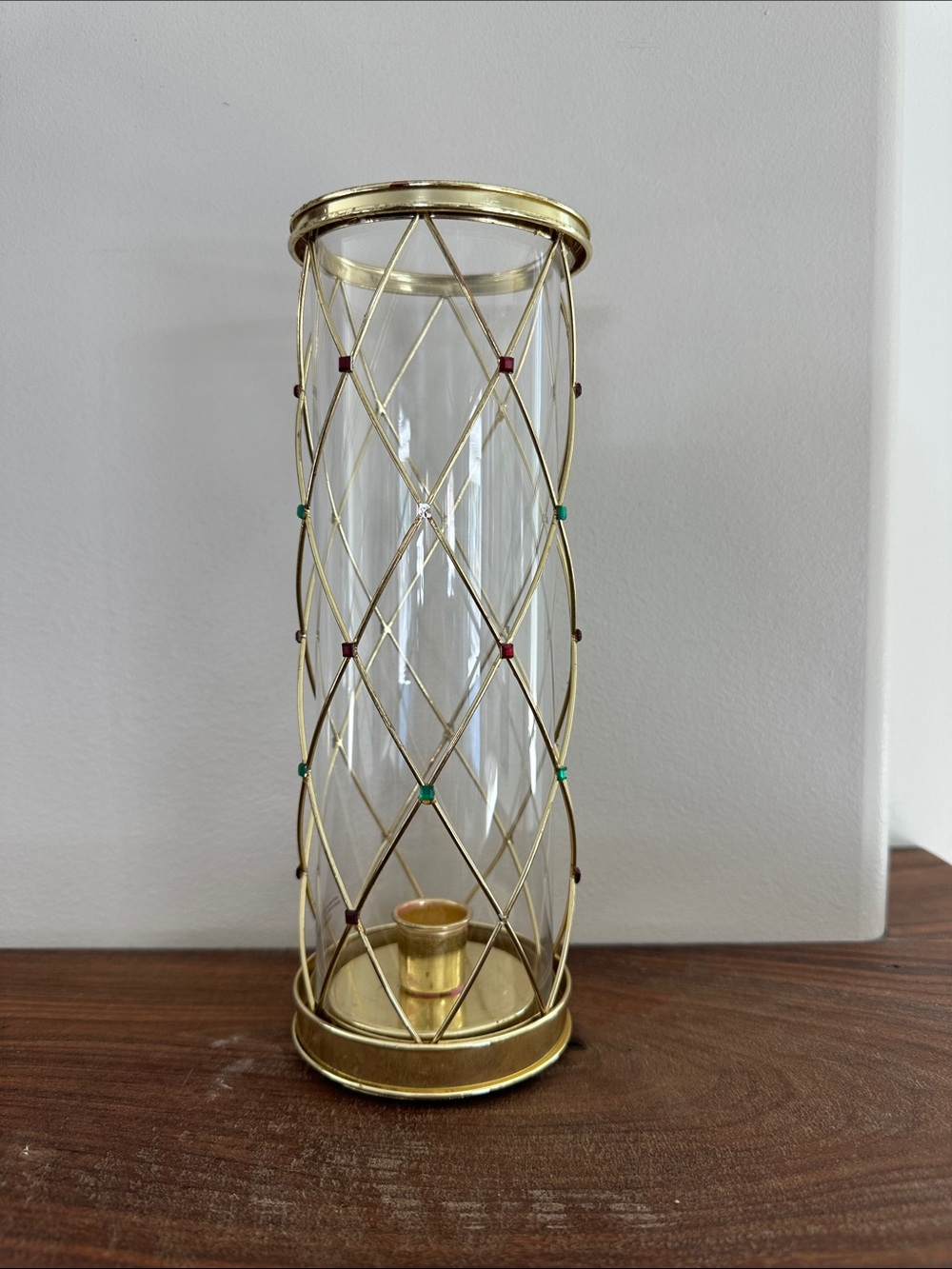 Vintage Teleflora Brass Lattice Hurricane Candle Holder - Red & Green Gem Inlays